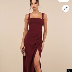 Lulu's Burgundy Maxi Dress with Square Neck & Side Slit